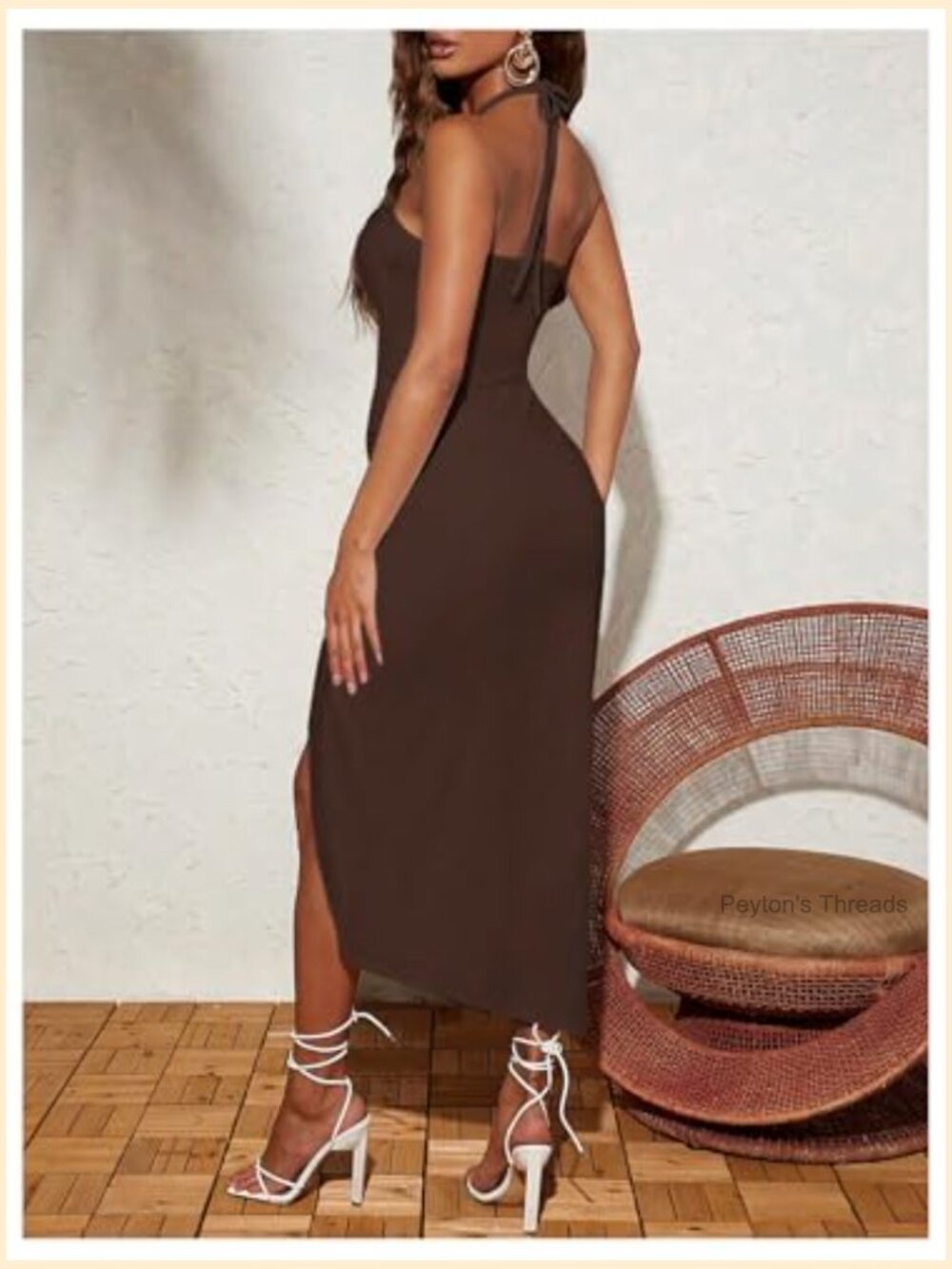 Cut Out Ruched Halter Bodycon Maxi Dress Drawstring Split Thigh - Picture 4 of 5